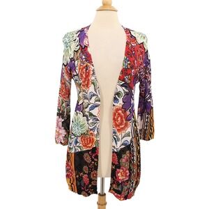 Alberto Makali Floral Cardigan Large Colorful Pointelle Perforated 3/4 Sleeve